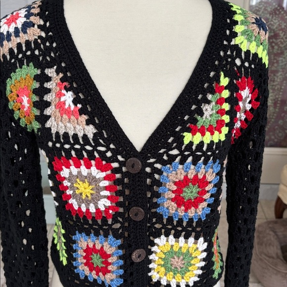 VTG Debut Crochet Granny Square Multicolor Knit Cardigan Boho Sweater Womens XS - Picture 2 of 9